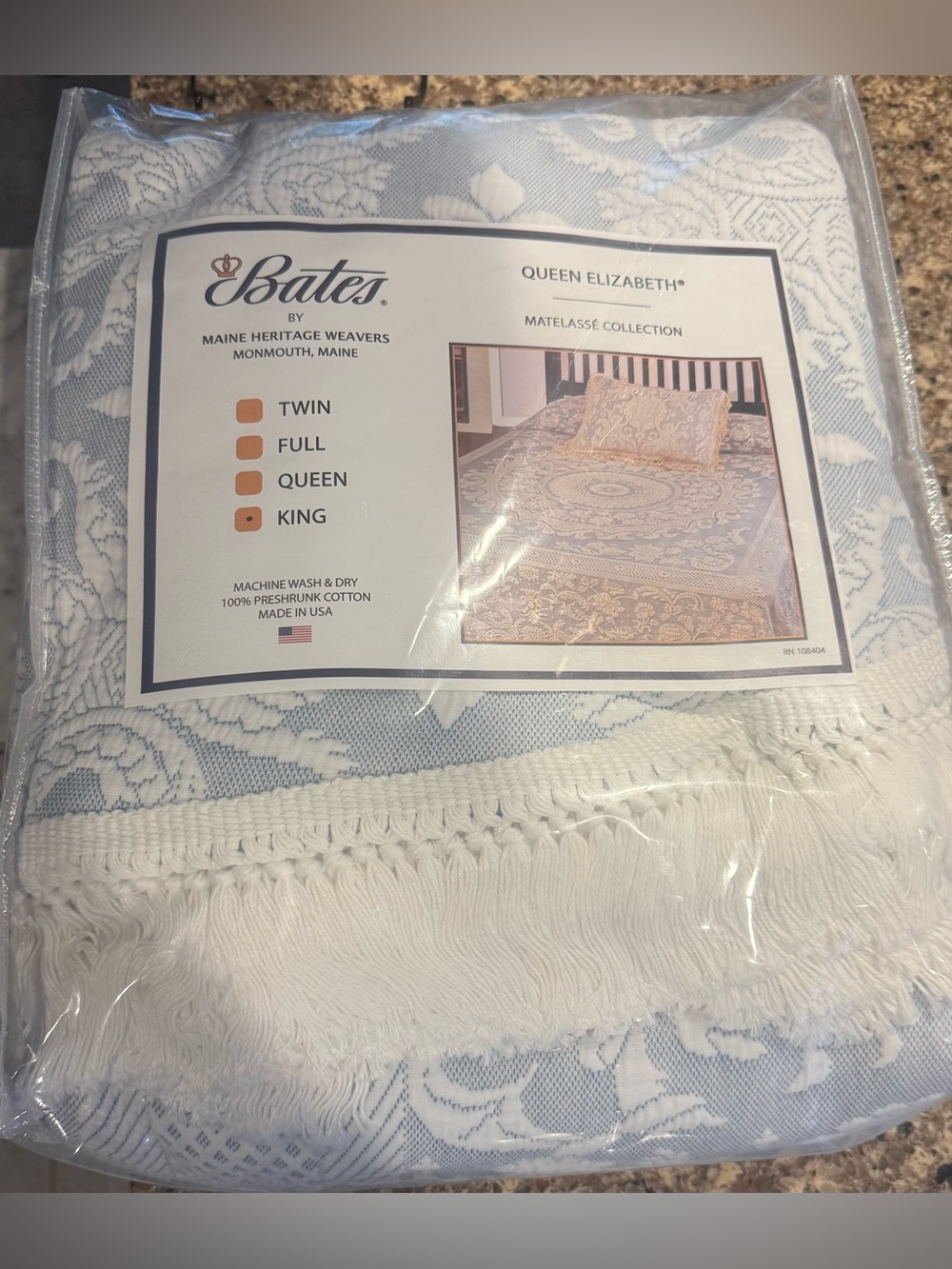 Bates Queen Elizabeth Matelassé Bedspread - Light Blue & White